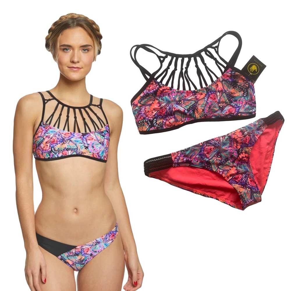 2 pcs NWT Body Glove Fly Ivy Strappy Top + Lace Hipster Bottom Butterfly Print